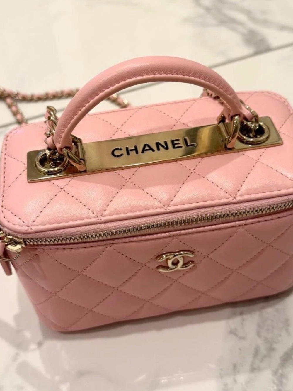 CHANEL Pink Quilted Vanity Crossbody with Gold Hardware